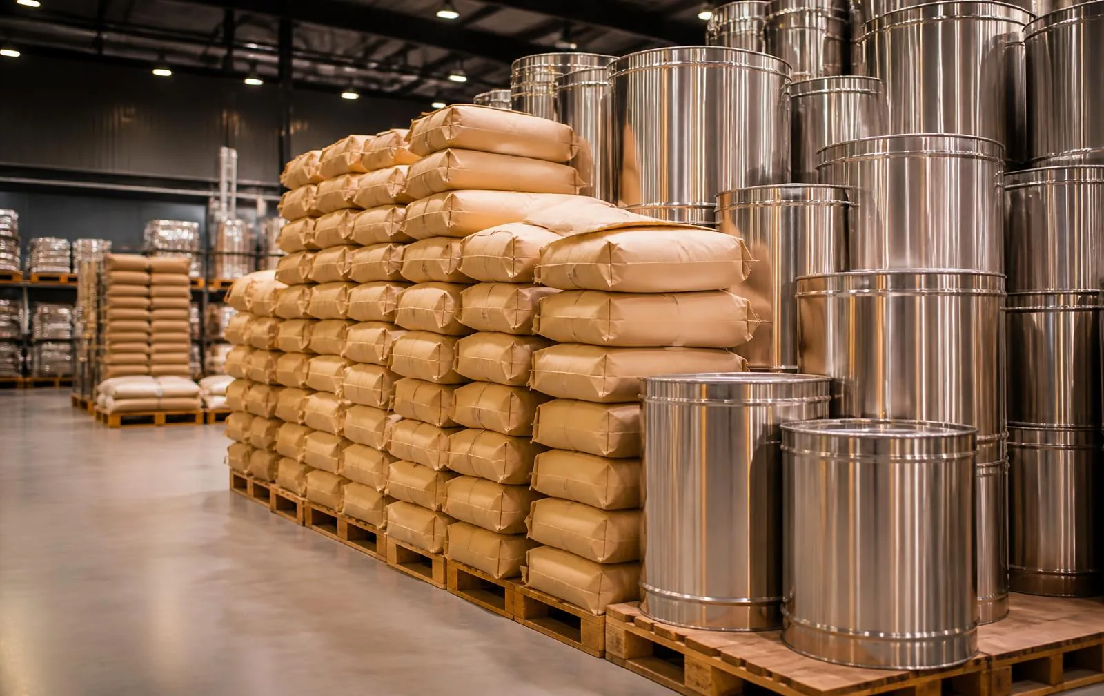 Bulk seasoning sacks and drums staged in a Chesapeake Spice warehouse