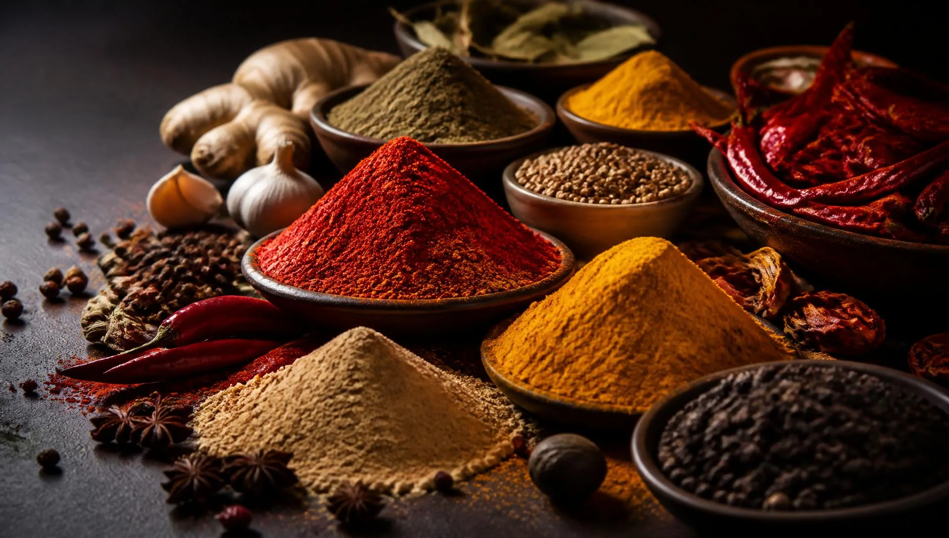 Ground spices, dried chilies and whole botanicals used in Chesapeake Spice blends